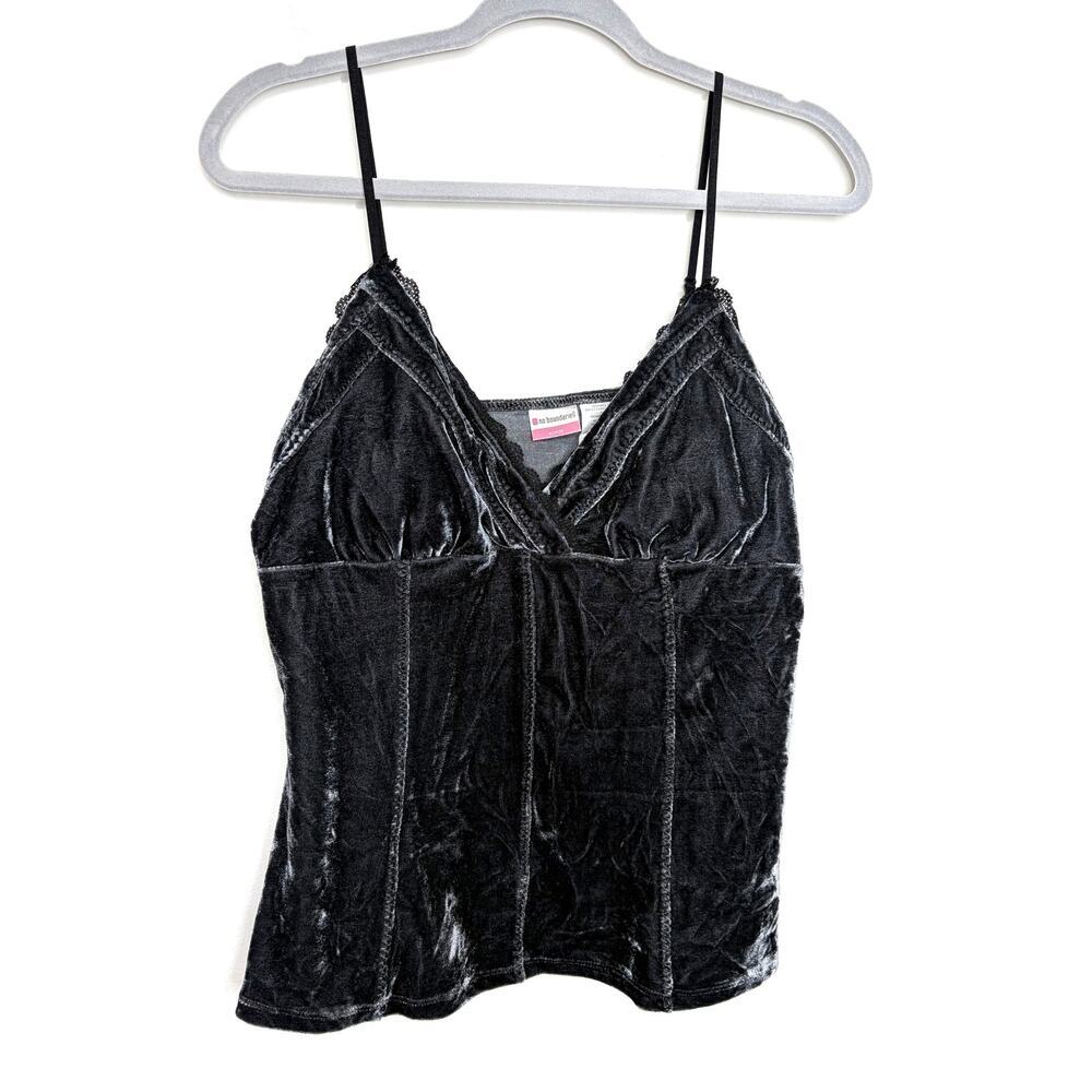 Y2K Crushed Velvet Lace Tank Top Cami Sz L Dark Gray Coquette Babydoll Festival - Picture 3 of 10